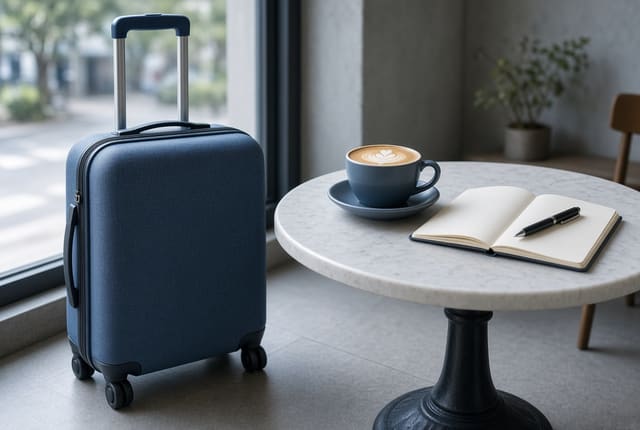 スーツケースを脇に置いてカフェで一息つく旅行者